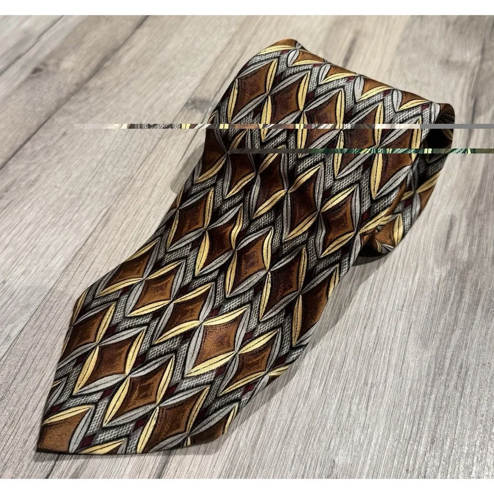 Trussardi Action 100% Silk Brown/Gold/Gray Geometric Woven Made in Italy Tie